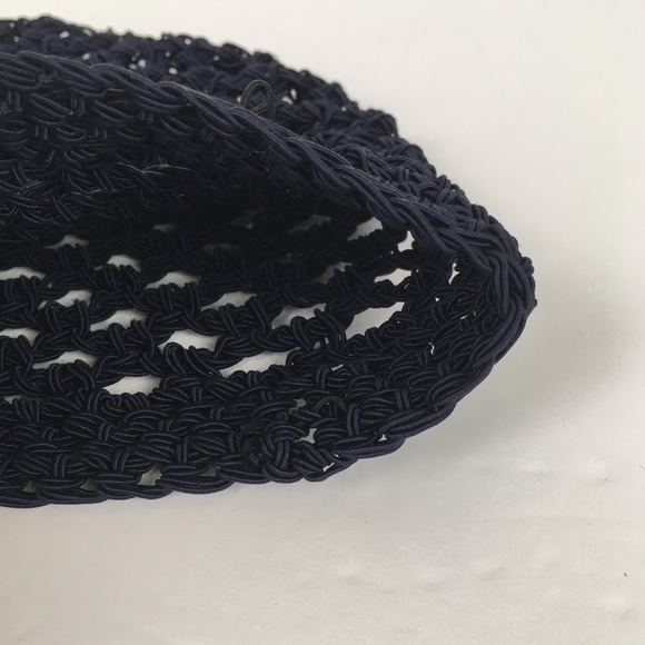 Vintage Open Knit Stretchy Cap Hat Beanie with Floral Accent in Deep Blue - Picture 4 of 5